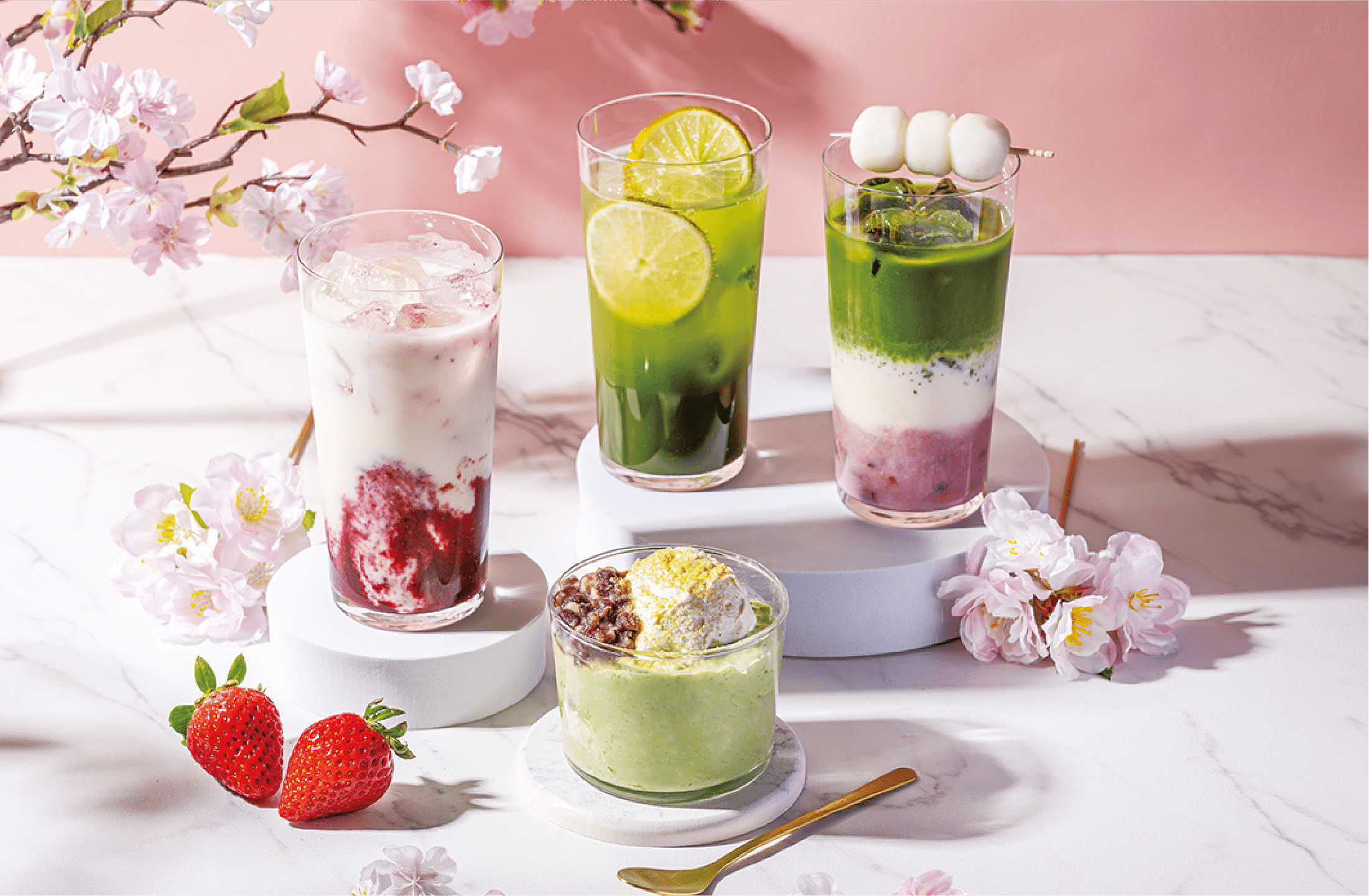 左から「春色糀ラッシー」「糀抹茶プリン」 「糀抹茶ノンアルモヒート」「抹茶と桜の白玉糀ラテ」